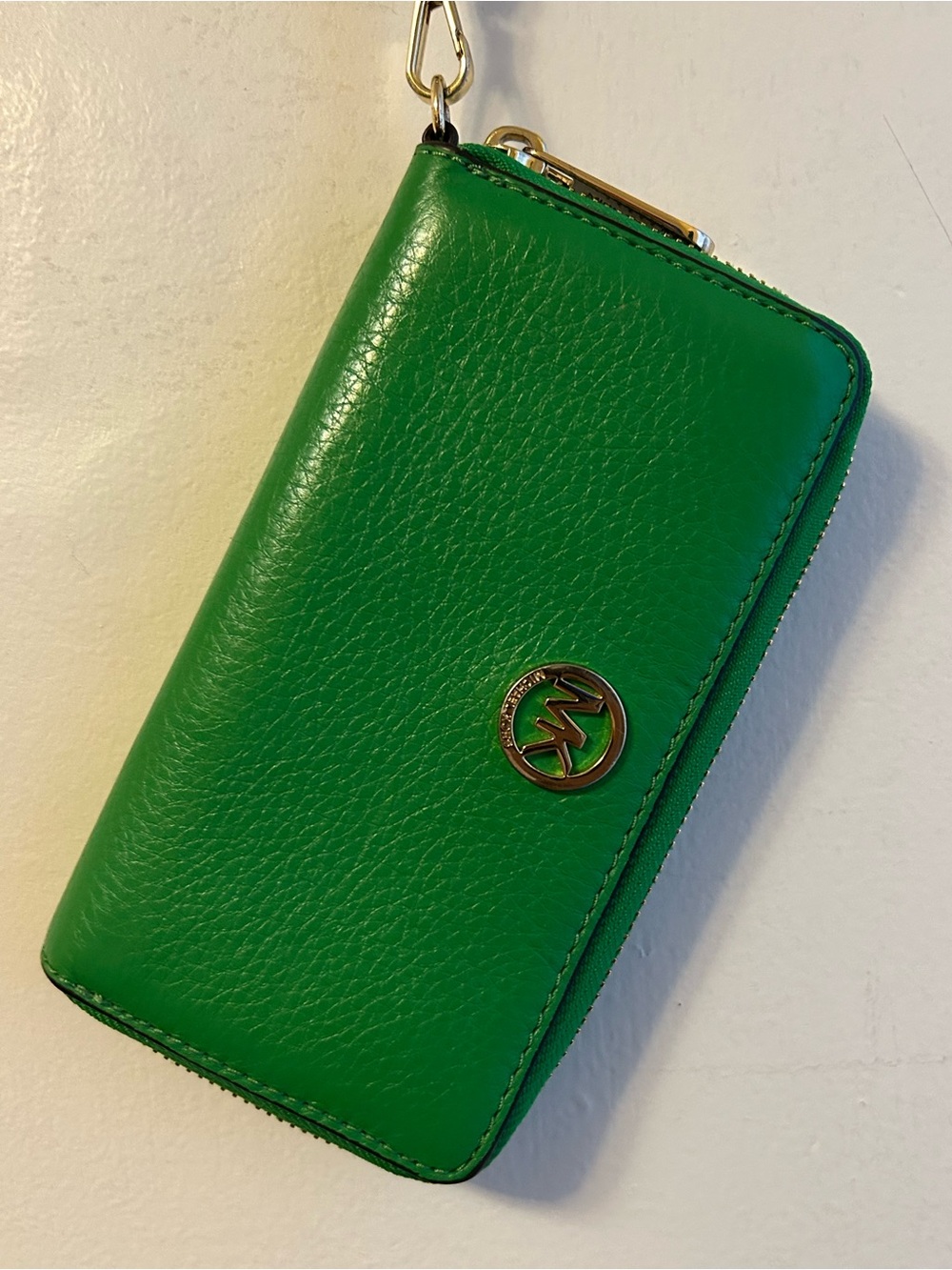 Michael Kors Green Pebble Leather Zip Wallet with MK Logo